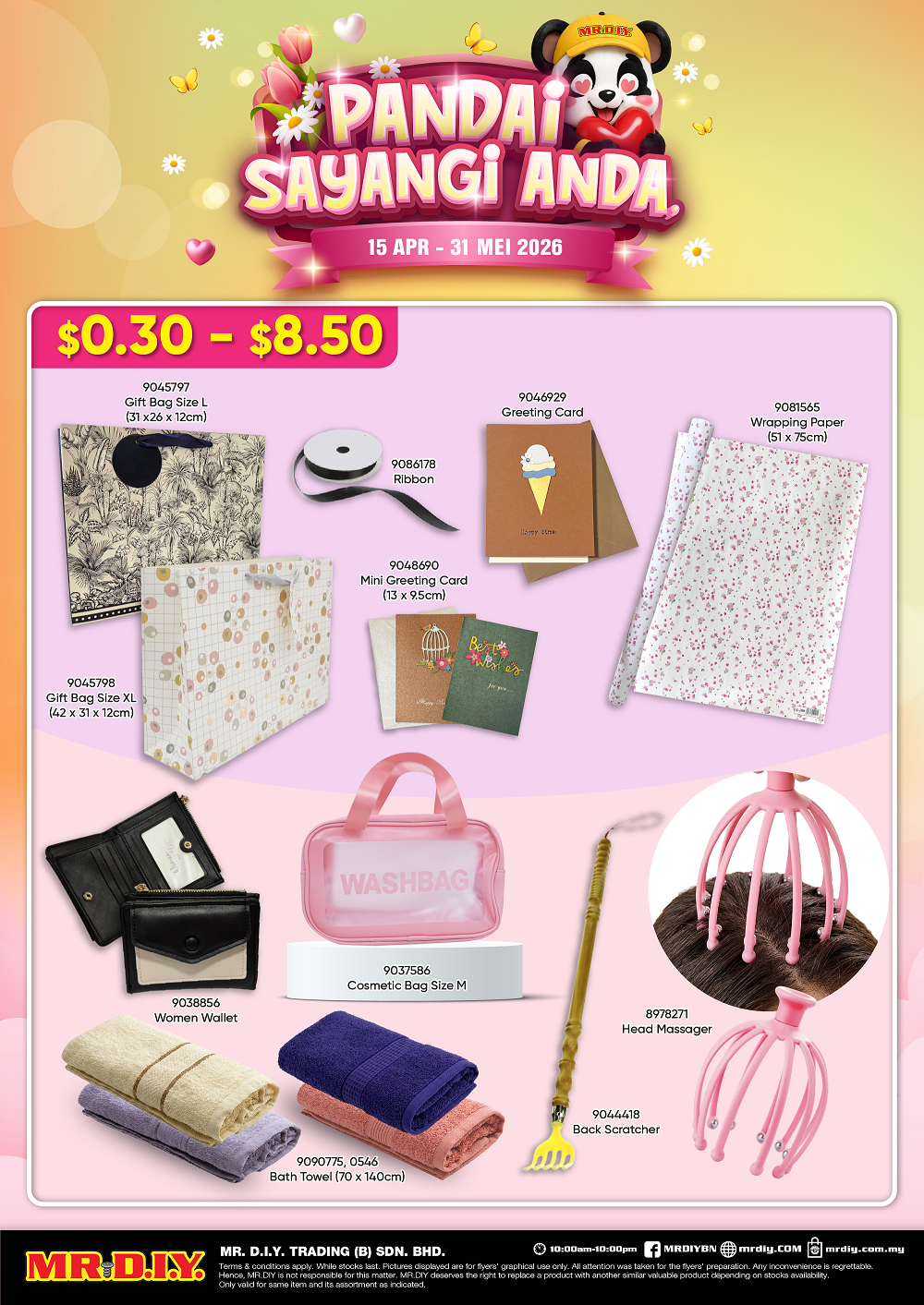 Gift bag, greeting card, wrapping paper, ribbon, cosmetic bag, wallet, head massager, back scratcher, bath towel from $0.30-$8.50